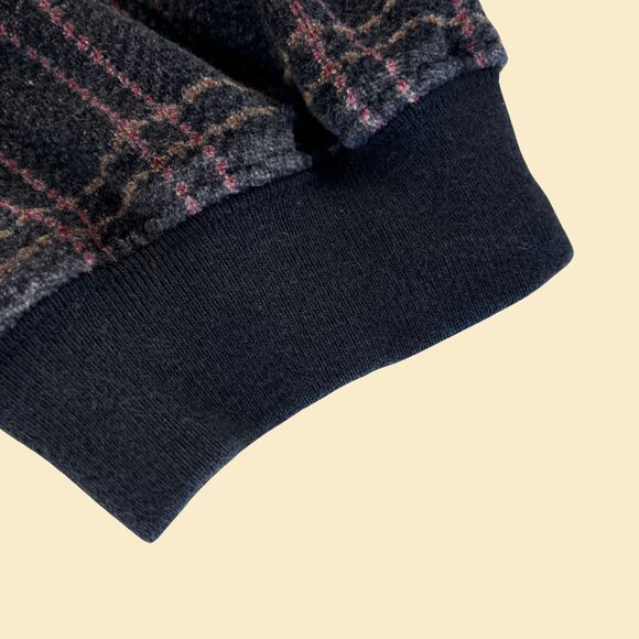 90s XL velour polo shirt, vintage black/purple plaid long sleeve by M.E. Sport - Picture 8 of 10